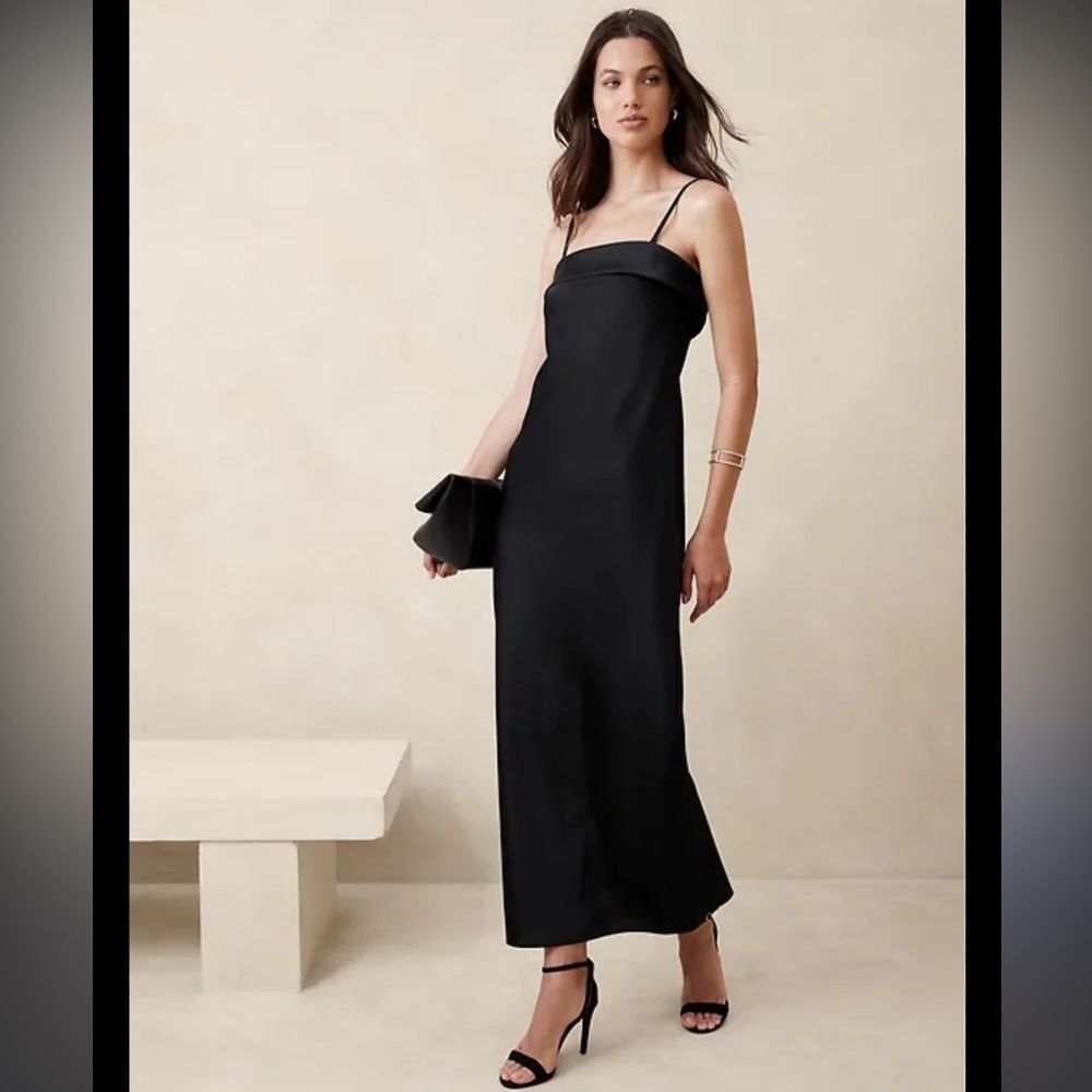 Banana Republic NWT Black Column Fit Maxi Classic Silk Dress